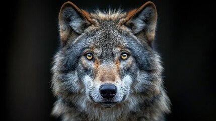   A close-up of a wolf's face, with an intense gaze, against a black backdrop