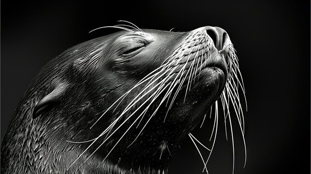  A monochrome image of a seal tilting its head towards the camera lens