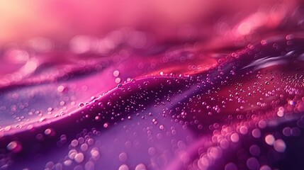   A close-up view of water droplets on a vibrant surface with a hazy background light