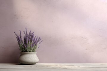 Lavender minimalistic abstract empty stone wall mockup background for product presentation. Neutral industrial interior with light, plants