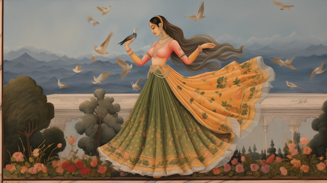 Girl dancing on the terrace of mughal palace, miniature style, 
