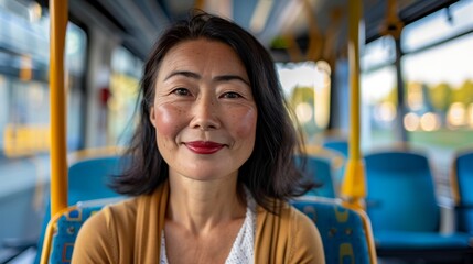  friendly smiling asian person between 40 and 50 years sitting in  train, blue seats, yellow poles