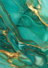 Abstract background featuring aqua marble with swirling emerald veins and flecks of pure gold