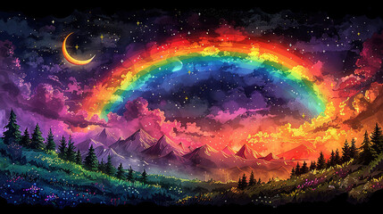   A depiction of a skyward rainbow amidst mountainous and arboreal scenery, with the moon prominently positioned in the background