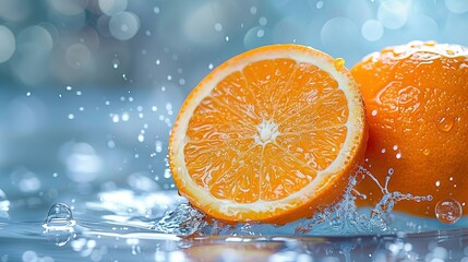   Two oranges in close-up with water droplets, surrounded by a blue halo of light