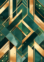 abstract background with art deco marble in jade and gold, featuring geometric patterns and starburst sparkles