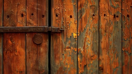   A detailed shot of a weathered wooden door, displaying flaking paint, and a corroded metal handle