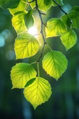 Sunlight shining through a branch with green leaves