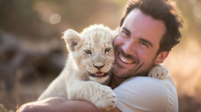 Homem sorrindo abraçando um filhote de leão branco