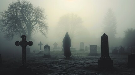 Apparition Alteration    A spectral figure transforming its shape amidst a foggy graveyard