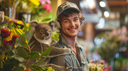 Homem com um coala no colo em uma floricultura  - obrazy, fototapety, plakaty