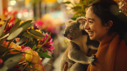 Uma mulher com um coala no colo em uma floricultura  - obrazy, fototapety, plakaty