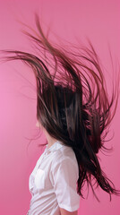 A dynamic scene set in a pink room featuring multiple hairdryers blow-drying super long hair, with strands flying wildly. The image captures the limitless length and untamed beauty of the hair