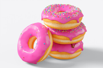 Stack of different chocolate glazed donut with sprinkles on a white background