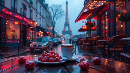 A cup of coffee and strawberries on the table in front of an outdoor cafe with the Eiffel Tower in the background, on a rainy day during the evening time with red street lights creating a Parisian atm - Powered by Adobe