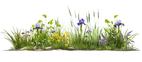 Rain garden setup featuring moisture-loving grasses and wildflowers like irises and marsh marigolds, promoting water conservation, isolated on transparent background