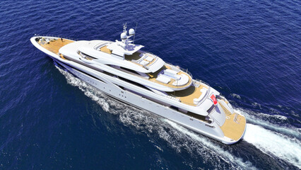 Aerial drone tracking photo of beautiful modern super yacht with wooden deck and helipad cruising in high speed deep blue open ocean sea