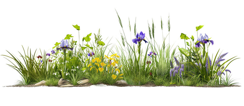 Rain garden setup featuring moisture-loving grasses and wildflowers like irises and marsh marigolds, promoting water conservation, isolated on transparent background