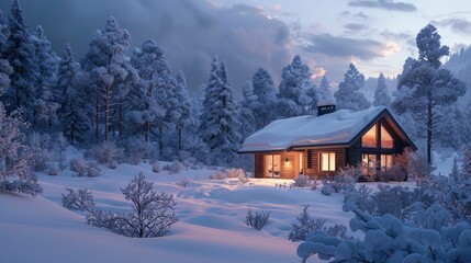 3D visualization of a quiet snowy cabin with warm lights inside, cozy