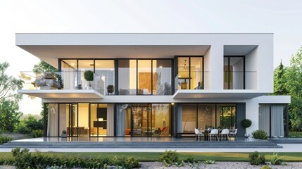 Visualize a sophisticated modern house portrayed in a 3D illustration against a clean white background