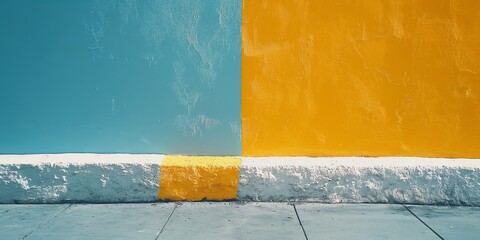 Textured blue and yellow painted wall demarcated by a rough white line and a hint of orange, showcasing a striking color contrast and texture