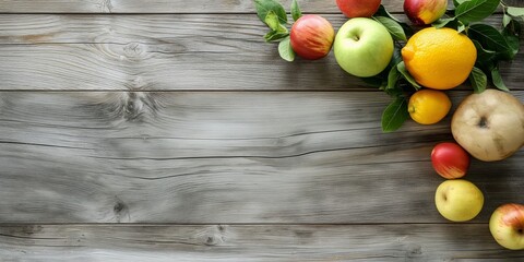 A variety of colorful fruits elegantly placed on a wooden surface, emphasizing health and dietary diversity. copy space - Powered by Adobe