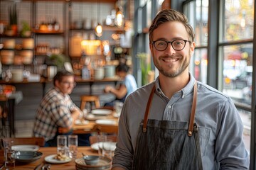 Obraz premium Happy male fast food restaurant owner standing in front of the dining area and smiling at the camera while holding coffee, copy space for text