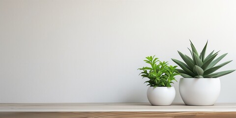 two green potted plants stand on a wooden surface against a clean white wall copy space