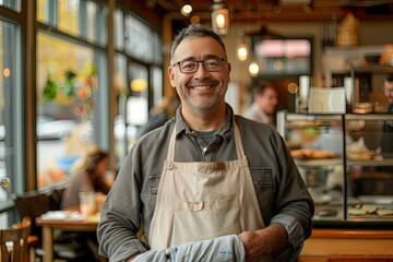 Obraz premium Happy young male fast food restaurant owner standing in front of the dining area and smiling at the camera while holding coffee, copy space for text