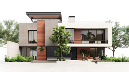 Visualize a sophisticated modern house portrayed in a 3D illustration against a clean white background