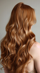 Fototapeta premium A professional photo of a Wella model showcasing her beautiful, flowing light brown hair from a back view, perfect for a hair dye package. The image captures the well-nourished, moisturized, and lush 