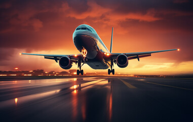 Fototapeta premium Large commercial airplane taking off at sunset