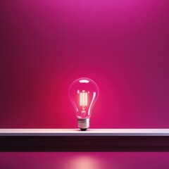 Magenta backdrop with illuminated lightbulb on a white platform symbolizing ideas and creativity business concept creative thinking innovation new idea