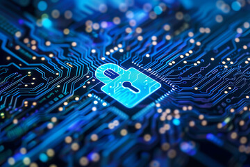 This image depicts a cybersecurity lock icon on a digital circuit board representing protection in the digital age