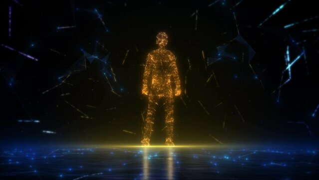 Beautiful Multicolored Animation of Hyper Connected Digital Human Figure Standing. Abstract Cyber Space, Virtual Augmented Reality Metaverse. Bright Blue and Orange Connected Particles.