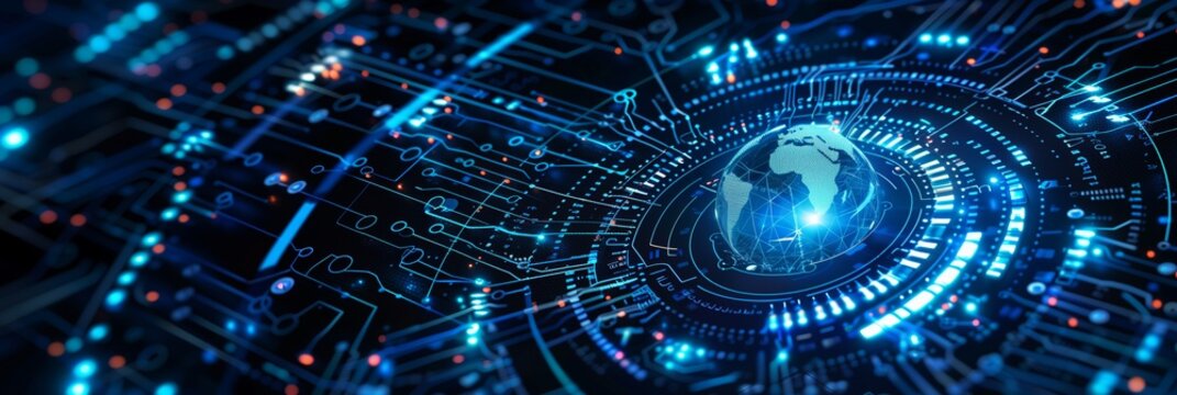 An intricate network of digital connections surrounds a glowing globe representing global data communication and internet connectivity