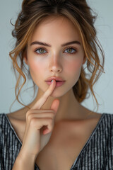 Naklejka premium portrait of beautiful girl with finger on lips, isolated on grey