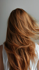 Naklejka premium A professional photo of a Wella model showcasing her beautiful, flowing light brown hair from a back view, perfect for a hair dye package. The image captures the well-nourished, moisturized, and lush 
