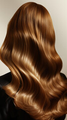 Fototapeta premium A professional photo of a Wella model showcasing her beautiful, flowing light brown hair from a back view, perfect for a hair dye package. The image captures the well-nourished, moisturized, and lush 