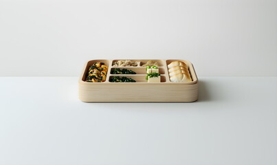 Lunch box on a plain white background. Traditional Asian food in a wooden square takeaway box. Healthy eating, cooking, sushi, rice, fish. Side view
