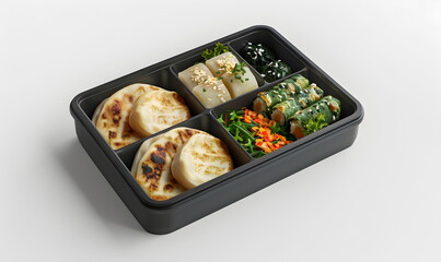 Lunch box on a plain white background. Traditional Asian food in plastic, square, black take-out packaging. Healthy eating, cooking, sushi, seaweed. View from above