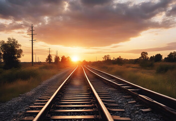 Obraz premium 'sunset railroad train railway rail track sun travel transportation sunrise line transport road steel path way background landscape sky light old iron dusk transit orange'