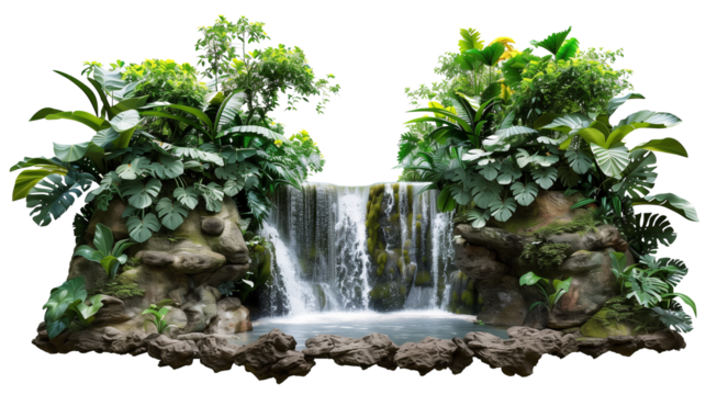 A small waterfall cascading into a crystal clear pond in a dense jungle setting, surrounded by thick foliage, isolated on transparent backgroun