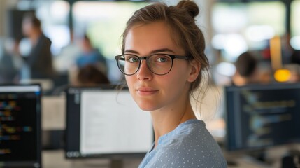 A woman with glasses sitting at a computer in an engineering office