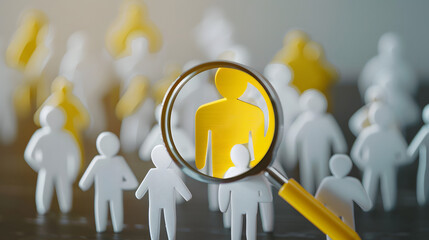 Yellow human icon inside of magnifier glass among white icons for customer focus and customer relation management or CRM concept.