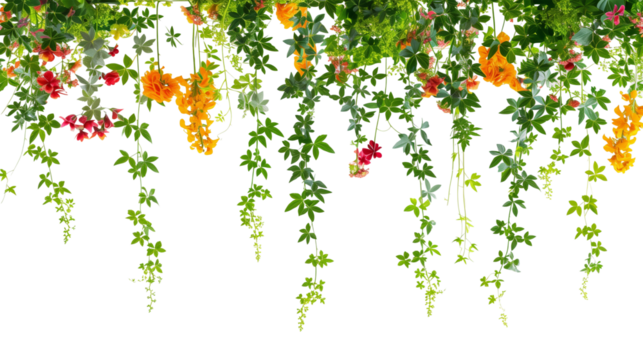 An arrangement of hanging flowers and creepers on a sunny day, with a clear blue sky backdrop, isolated on transparent background