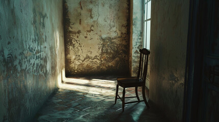 Fototapeta na wymiar An eerie hallway with dramatic shadows and a solitary chair against a textured wall.