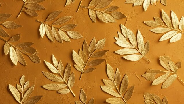  background adorned with delicate gold leaf motifs, exuding elegance and sophistication. Envision a rich, golden canvas with intricately designed leaf patterns shimmering in the light