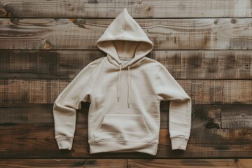 Blank Beige Hoodie on Wooden Background for Fashion Apparel Design