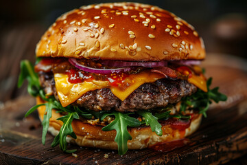 Delicious cheeseburger with fresh vegetables on wooden board